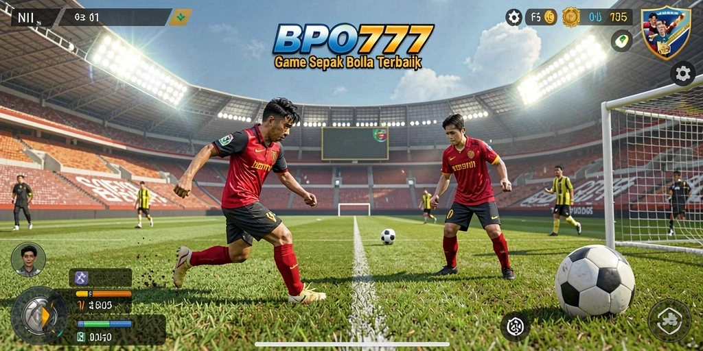 Screenshot gameplay BPO777 menampilkan aksi seru dari pertandingan sepak bola.