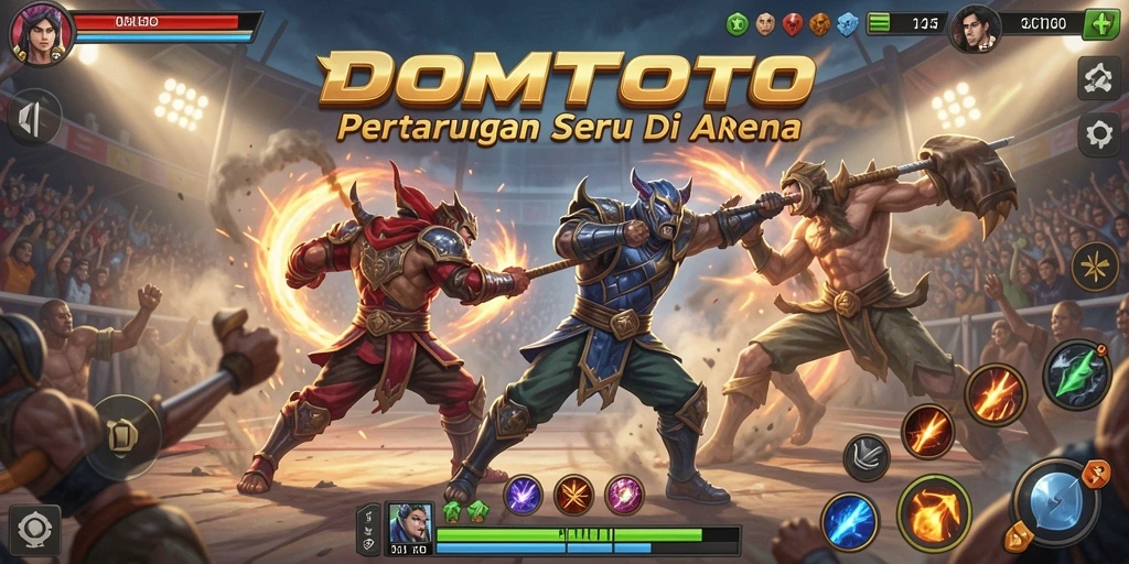 Screenshot gameplay DOMTOTO menampilkan pertarungan epik antara karakter.