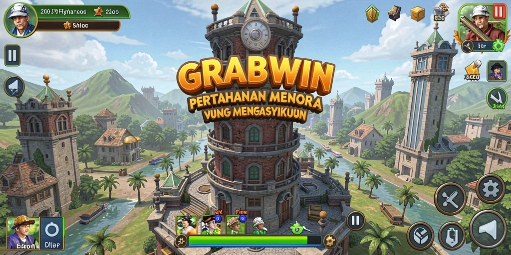 Tangkapan layar gameplay <strong>GRABWIN</strong> menampilkan menara yang siap menghadapi serangan musuh.