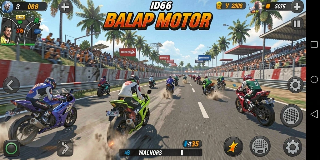 Tampilan gameplay seru di ID66 dengan balapan motor yang mendebarkan.