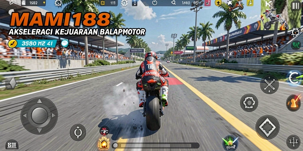 Screenshot gameplay MAMI188 dengan aksi balap motor yang mendebarkan.
