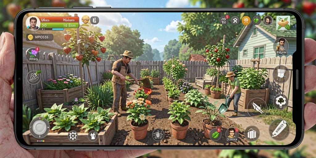 Screenshot MPO555 menampilkan kebun yang subur dengan berbagai tanaman.