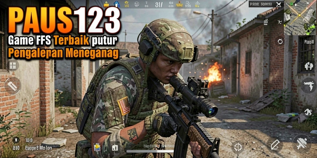 Screenshot PAUS123 menampilkan aksi intens dalam pertempuran FPS.