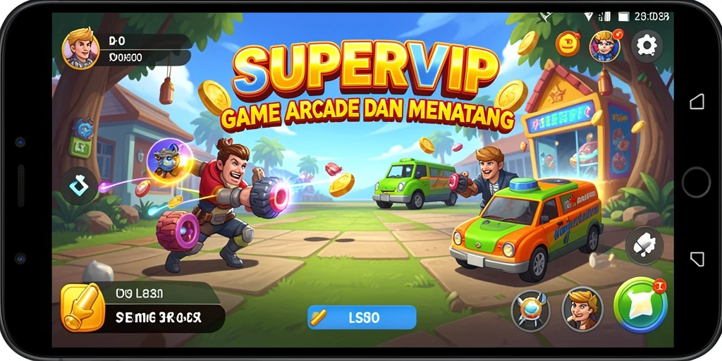 Tampilan utama gameplay SUPERVIP yang penuh aksi dan warna.